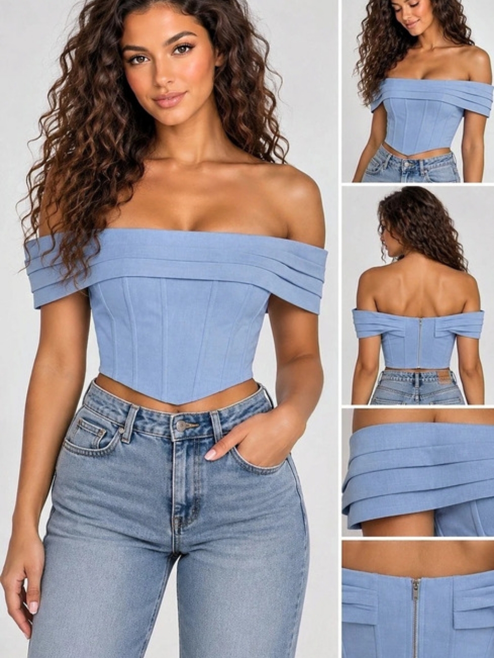 Off-Shoulder Crop Top in Blue Size Small